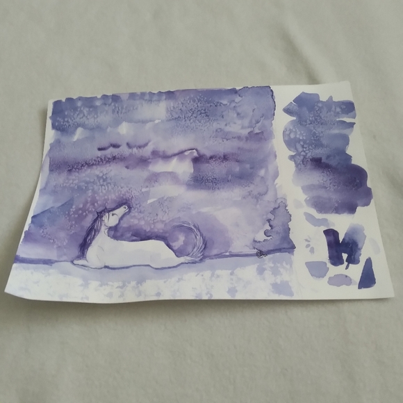 Purple Blue Horse Pony Equine Watercolor Painting Illustration - Picture 2 of 2
